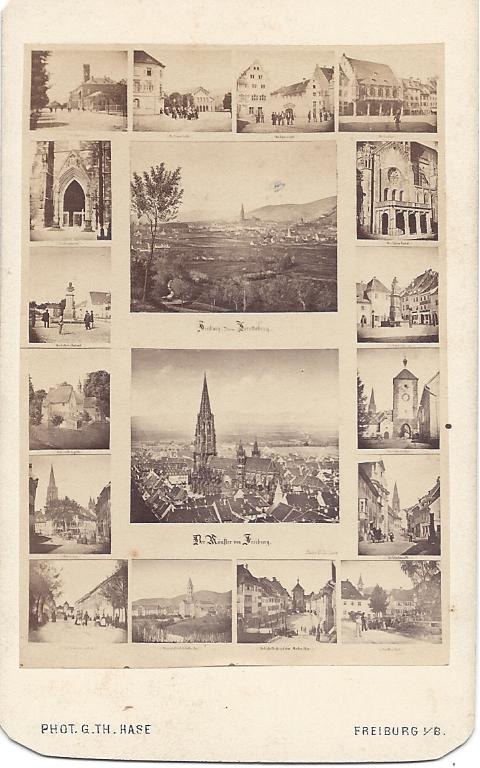 Black and white photograph of a cityscape in Freiburg, Germany, featuring buildings, trees, and people, with "Freiburg, Germany" written at the bottom.