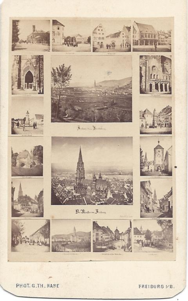 Black and white photograph of a cityscape in Freiburg, Germany, featuring buildings, trees, and people, with "Freiburg, Germany" written at the bottom.