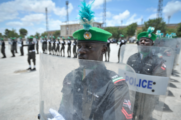 Nigerianische Polizeibeamte stehen vor einer Reihe uniformierter Personen mit Schilden, mit Bäumen, Türmen, Gebäuden und einem bewölkten Himmel im Hintergrund.