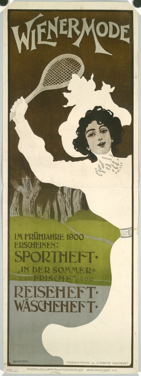 Plakat aus den 1920er Jahren, das ein Tennis-Turnier bewirbt und eine Frau mit einem Schläger zeigt.