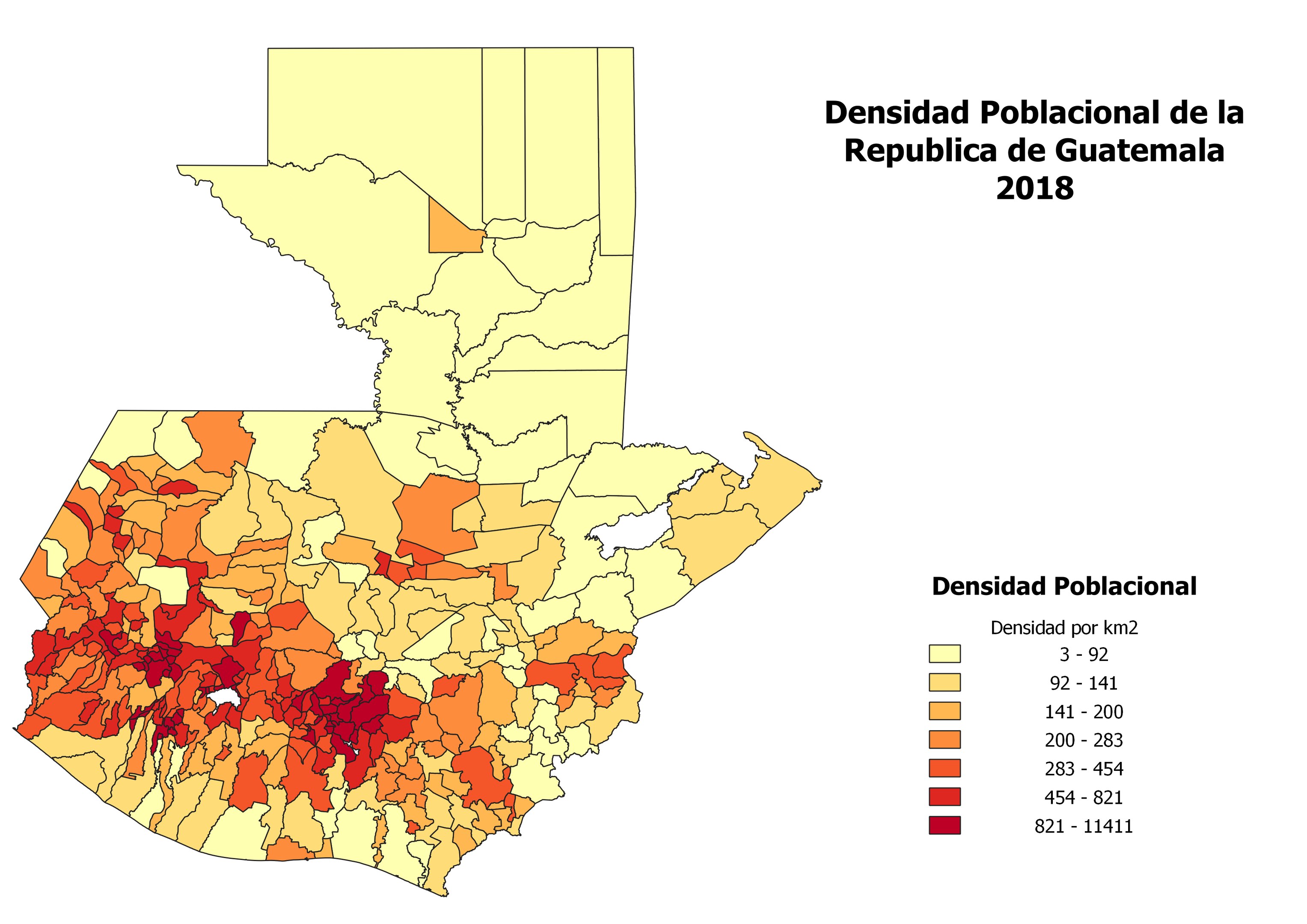 A map of Guatemala in 2018 showing population density by region, titled "Densidad Poblacional de la República de Guatemala 2018."