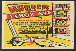 Ein Filmplakat für "Mord auf der Lenox Avenue", das eine Frau zeigt, die auf dem Boden liegt und von Bildern anderer Menschen umgeben ist.