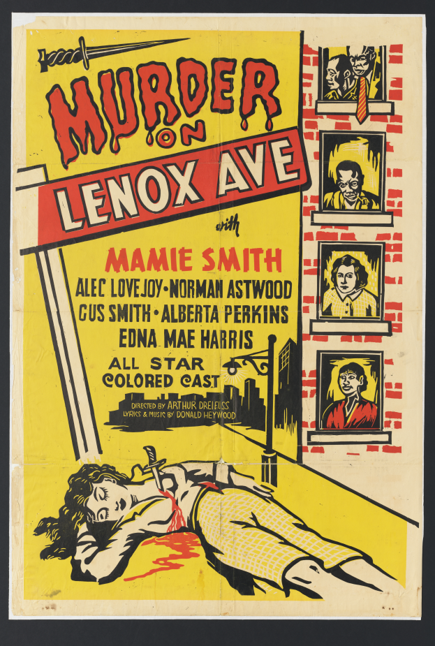 Ein Filmplakat für "Mord auf der Lenox Avenue", das eine Frau zeigt, die auf dem Boden liegt und von Bildern anderer Menschen umgeben ist.