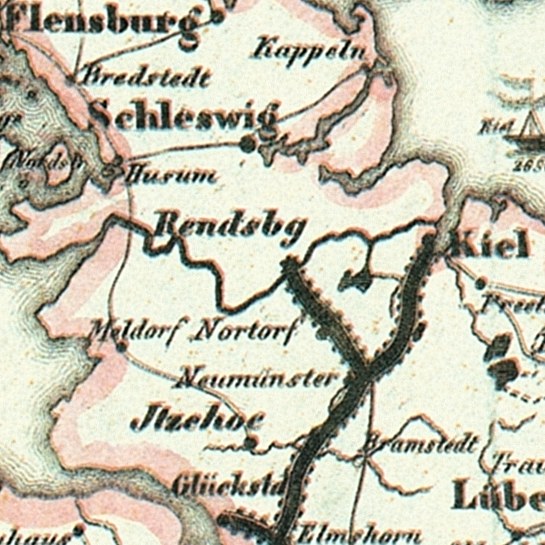 Detailed old map of Schleswig-Holstein with streets, buildings, and landmarks, annotated with text about population, roads, and notable features.