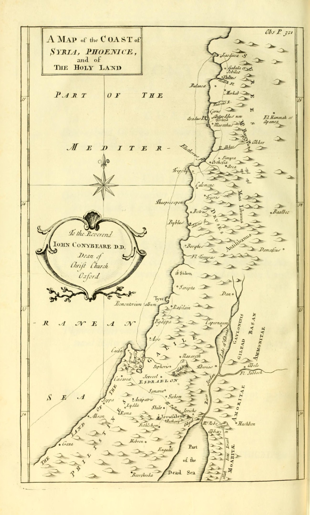 Detailierte alte Buchkarte der syrischen Küste, des Heiligen Landes und des Mittelmeers mit geographischen Merkmalen und beschrifteten Städten, Dörfern und Flüssen.