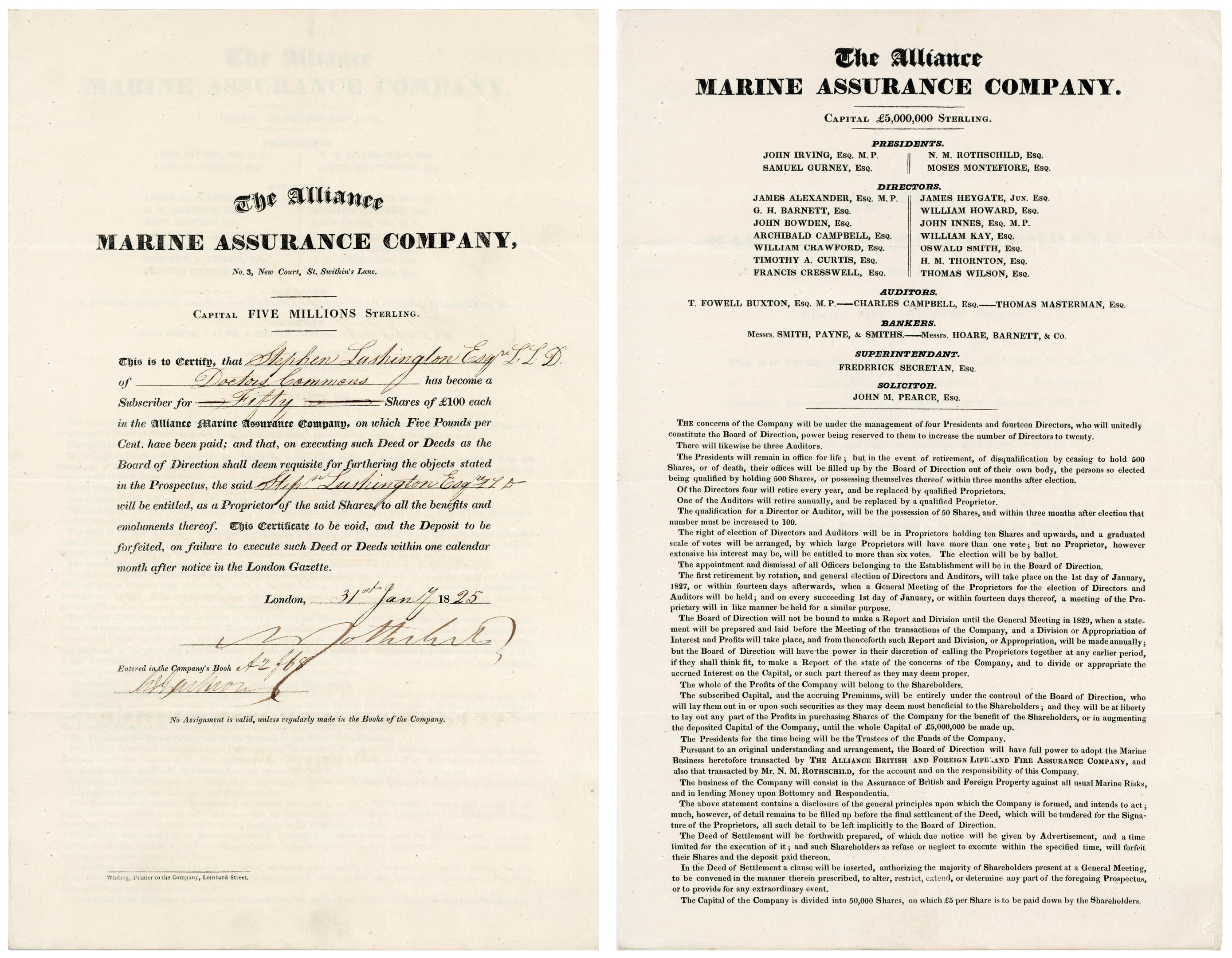 Zwei leicht zerknitterte Papiere mit der Aufschrift "The Alliance Marine Assurance Company" in schwarzer Schrift auf einem weißen Hintergrund.