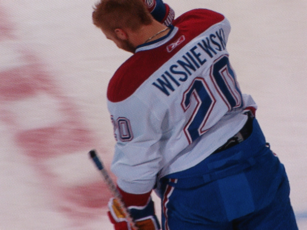 Ein konzentrierter Profi-Eishockeyspieler in einem 'Wisniewski'-Trikot steht auf dem Eis und hält einen Eishockeyschläger in der Hand.