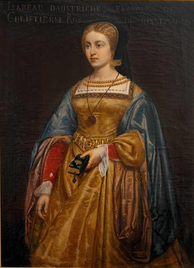 Gemälde von Isabella daustriche in einem goldenen Kleid mit feinen Details, ihre Haare zu einem ordentlichen Knoten gebunden, von Christierne Roy, dargestellt mit zarten Zügen, königlichem Ausdruck und serenitatischer Anmut.