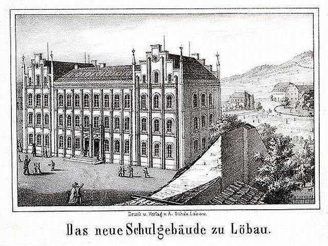 Black and white illustration of a large school building in an urban setting, surrounded by trees and people, with the text "Schulgebäude zu Löbau - the new school of architecture" at the bottom.