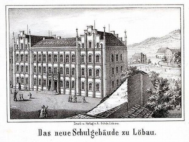 Black and white illustration of a large school building in an urban setting, surrounded by trees and people, with the text "Schulgebäude zu Löbau - the new school of architecture" at the bottom.