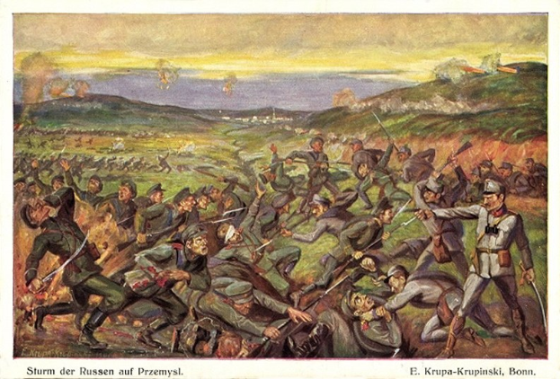 Painting depicting a battle scene with soldiers in military uniforms, some holding guns, and the text "Sturm der Russen auf Przemysl" at the bottom.