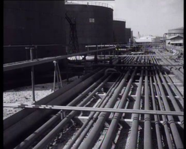Black and white photo of a large group of pipes arranged in a neat line in a factory, with buildings in the background and a clear sky above. Text is present at the top and bottom of the image.