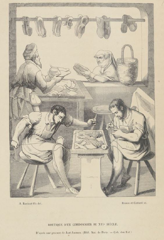 Engraving of people in 17th-century traditional clothing sitting around a table in a cobbler's shop, conversing with various objects on the table and text reading "Boutique d'un cordonnier au XVII siècle" at the bottom.