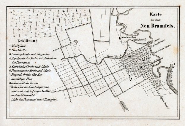 Detailiertes altes Stadtplan von Neu-Braunfels, Deutschland, zeigt Straßen, Gebäude und Sehenswürdigkeiten mit lesbarem Text.