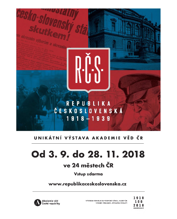 Plakat für die Tschechoslowakische Republik mit zwei Personen vor einem Gebäude, mit Text zu den Ereignissen.