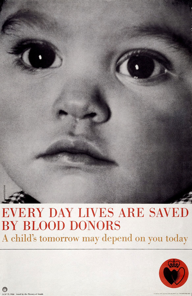 Poster with a child's face in the center, surrounded by bold black text reading "Every day lives are saved by blood donors."