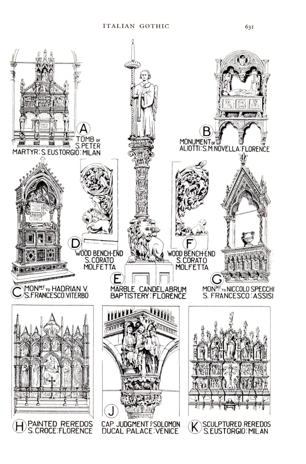 A poster featuring a detailed drawing of gothic architecture with intricate sculptures and accompanying explanatory text.