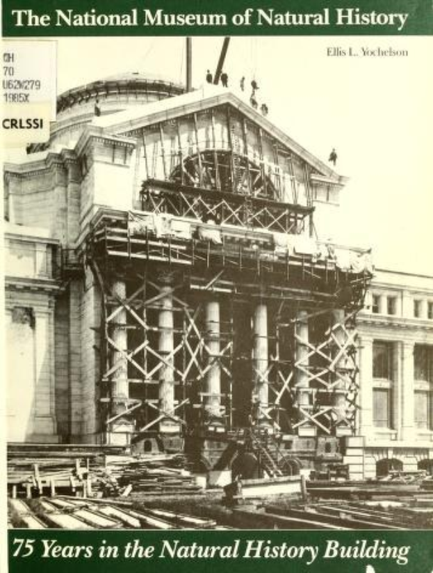 Poster of the National Museum of Natural History's 75th anniversary, showing a building under construction with text at the top and bottom.
