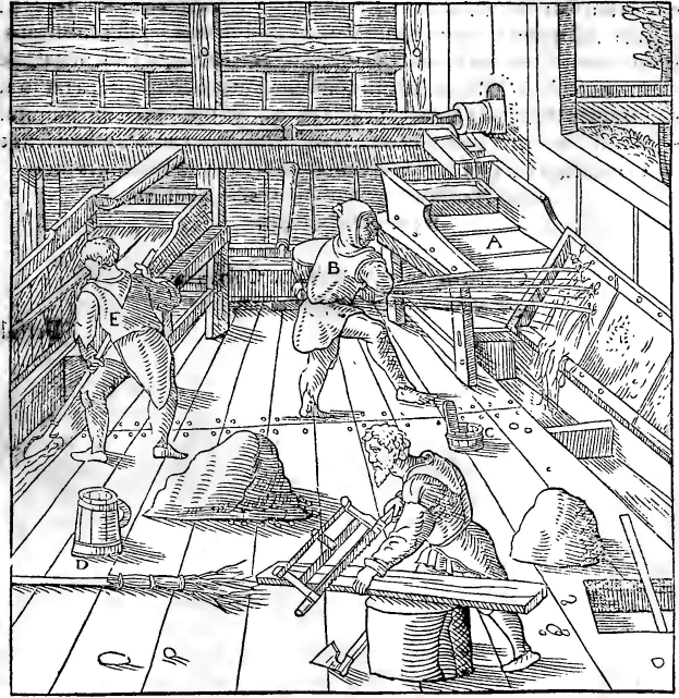 Ein schwarz-weißes 18. Jahrhundert-Etching von drei Männern in traditioneller Kleidung, die in einer Fabrik arbeiten, mit einer Wand im Hintergrund und Text unten, der "18. Jahrhundert-Etching des Inneren einer Fabrik" lautet.