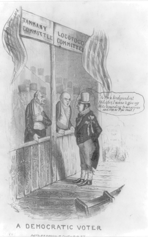 Ein Mann in einem Anzug steht selbstbewusst vor einer Tür, die mit "Ein demokratischer Wähler" beschriftet ist und sieht entschlossen aus.