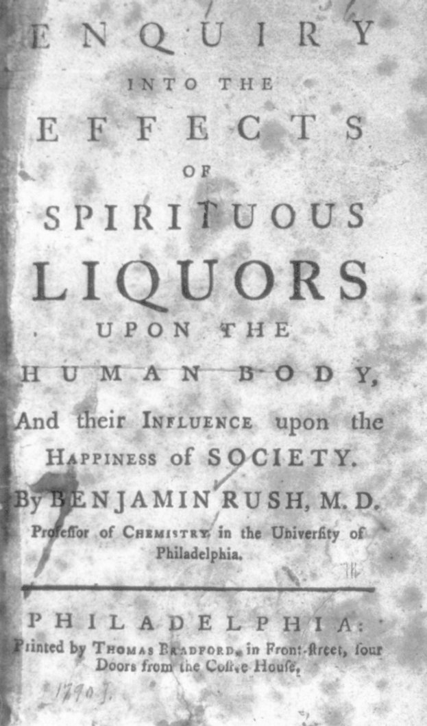 Old book titled "Enquiry into the Effects of Spiritual Liquors Upon the Human Body and Their Influence Upon the Happiness of Society" with likely essay content on liquor's effects.