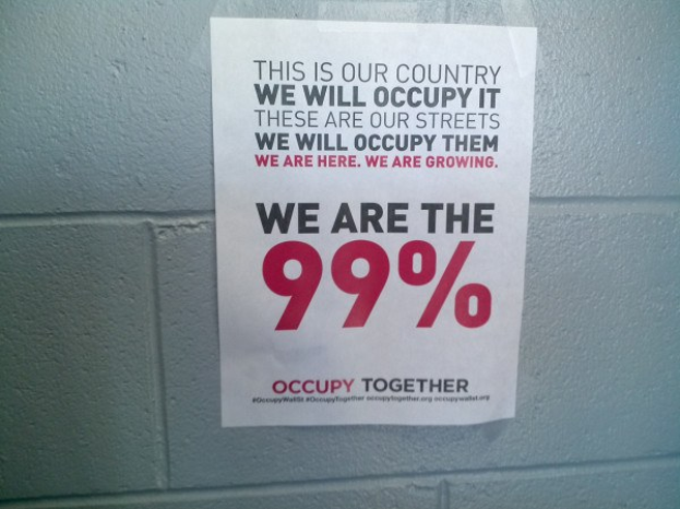 Plakat an einer Wand mit fetter schwarzer Schrift, die "Occupy Wall Street" und "Wir sind die 99%" lautet.