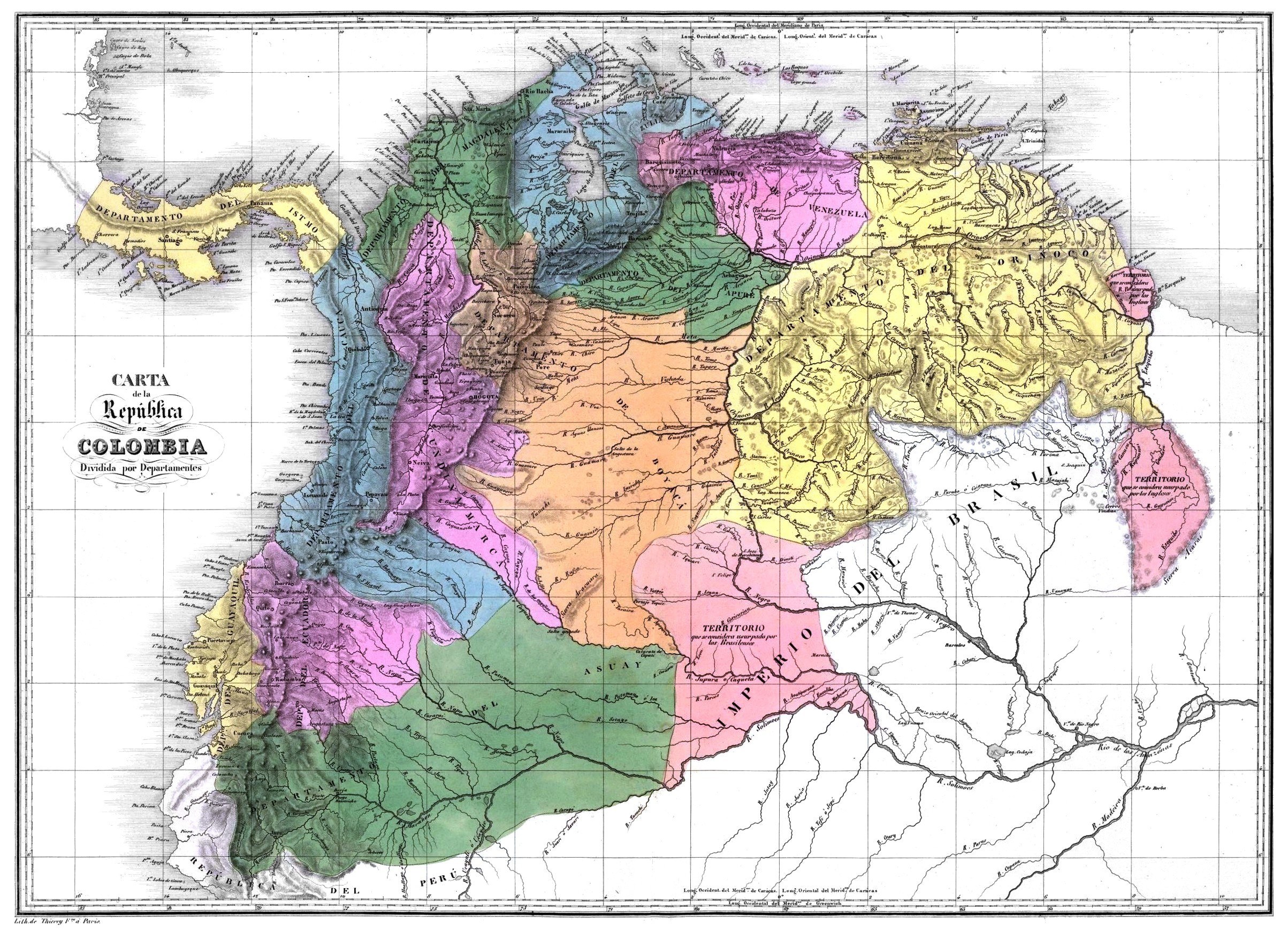 Ein Plakat, das eine Karte von Kolumbien mit ihren Provinzen in verschiedenen Farben hervorgehoben zeigt und den Text "Karte von Kolumbien der Republik Kolumbien" trägt.