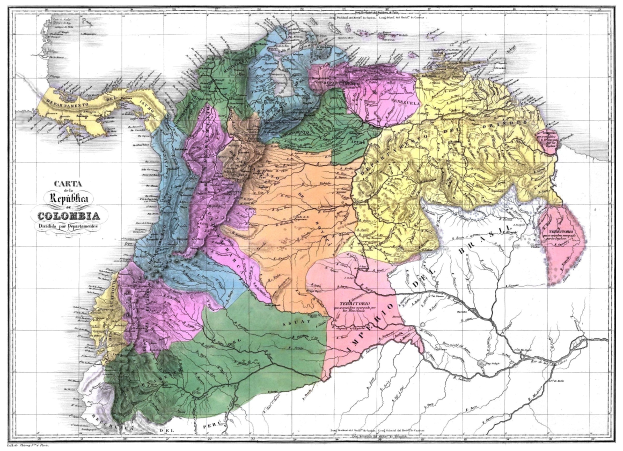 Ein Plakat, das eine Karte von Kolumbien mit ihren Provinzen in verschiedenen Farben hervorgehoben zeigt und den Text "Karte von Kolumbien der Republik Kolumbien" trägt.