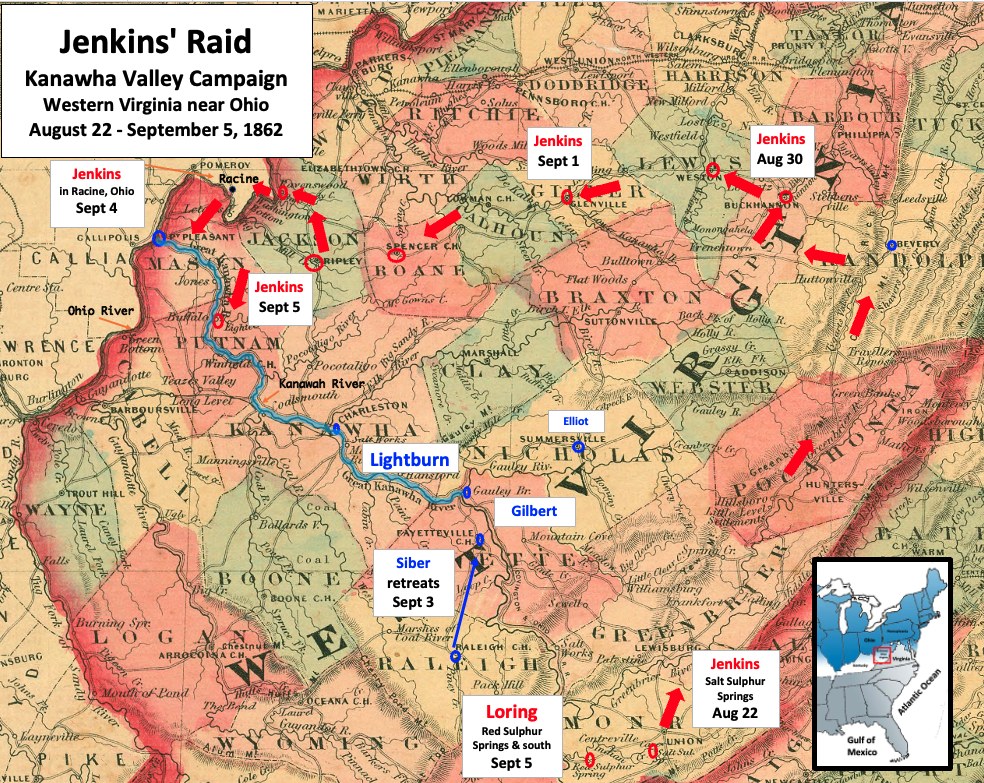 Detailed map poster of Kenkins' Raid in the Kanawha Valley, including locations, surrounding area, and explanatory text with a logo.