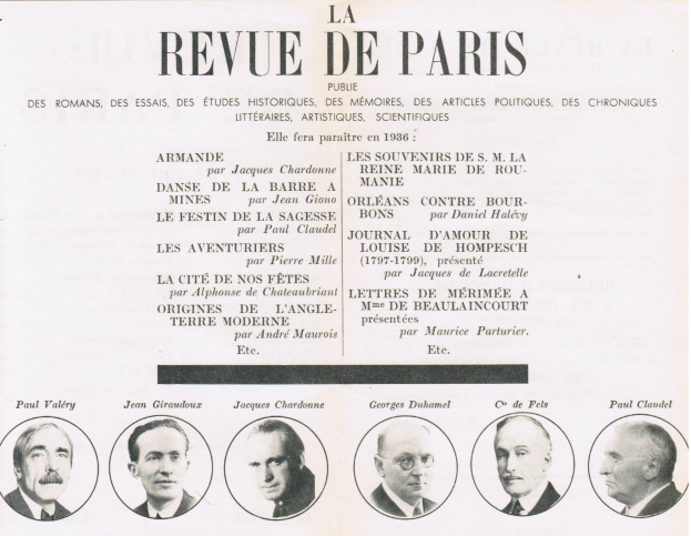 Ein Blatt Papier mit der fettgedruckten Schrift "La Revue de Paris", das Fotos von verschiedenen, freundlich aussehenden Menschen zeigt, die direkt in die Kamera schauen.