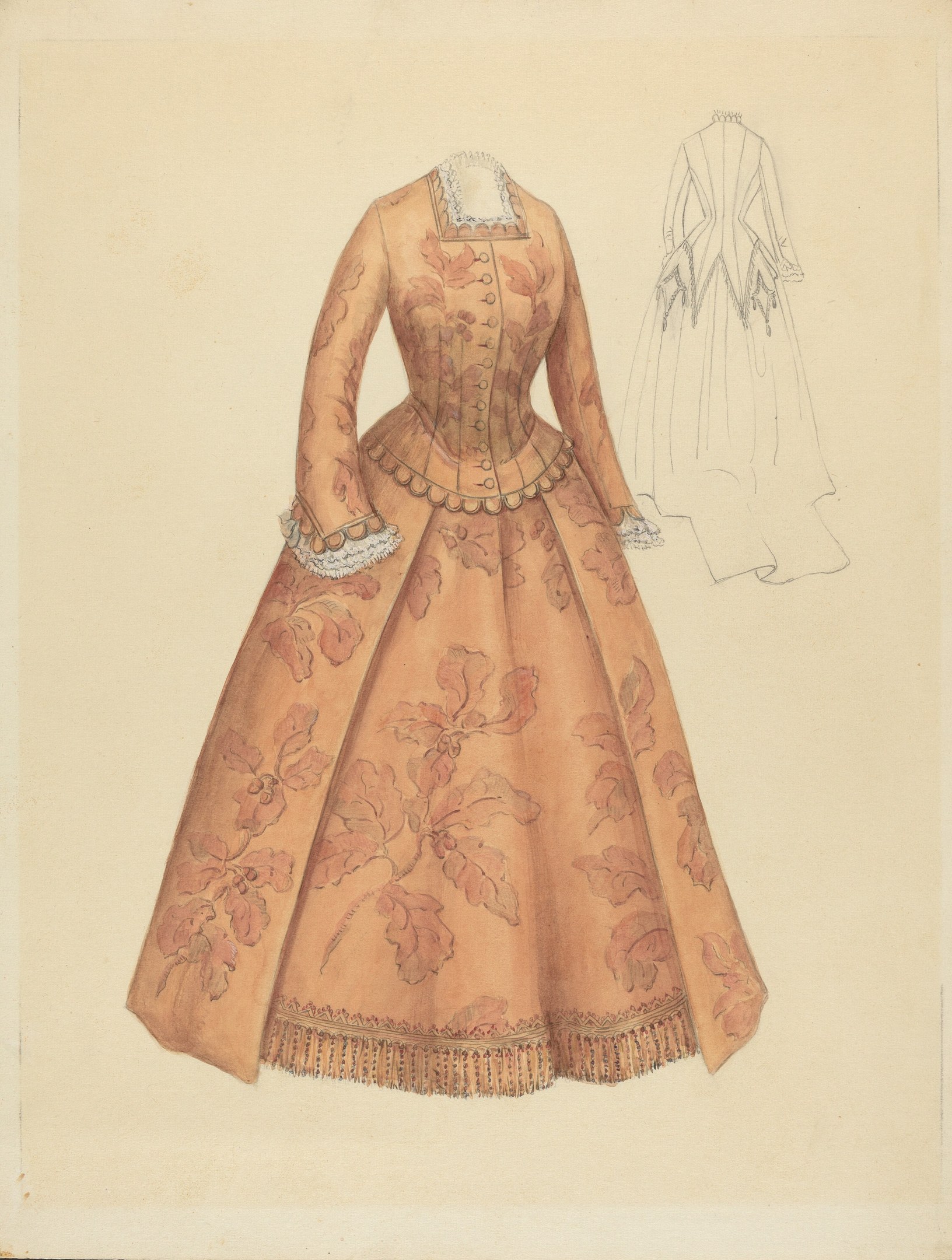 Ein detailliertes Kostümdesign aus dem 18. Jahrhundert, das ein bodenlanges Kleid mit floralem Muster zeigt, mit hohem Kragen, pink- und lilafarbenem Oberteil und Spitzenbesatz am Rock gegen einen hellblauen Hintergrund.