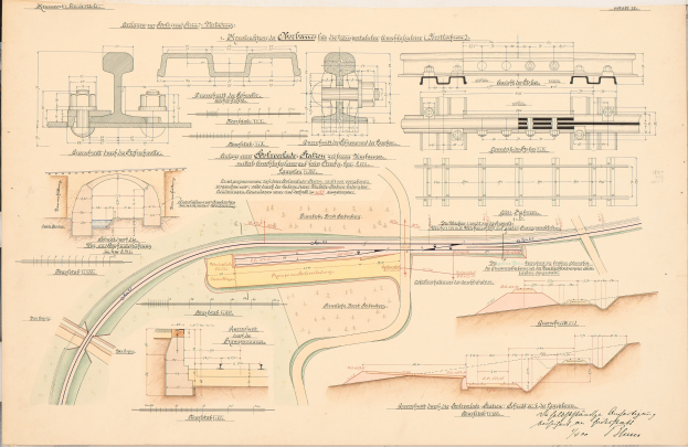 Ein detailliertes Bild einer alten Buchumschlaggestaltung, die ein Schienendesign zeigt, mit sorgfältigen Skizzen und Texten, die eine Eisenbahnanlage umreißen.