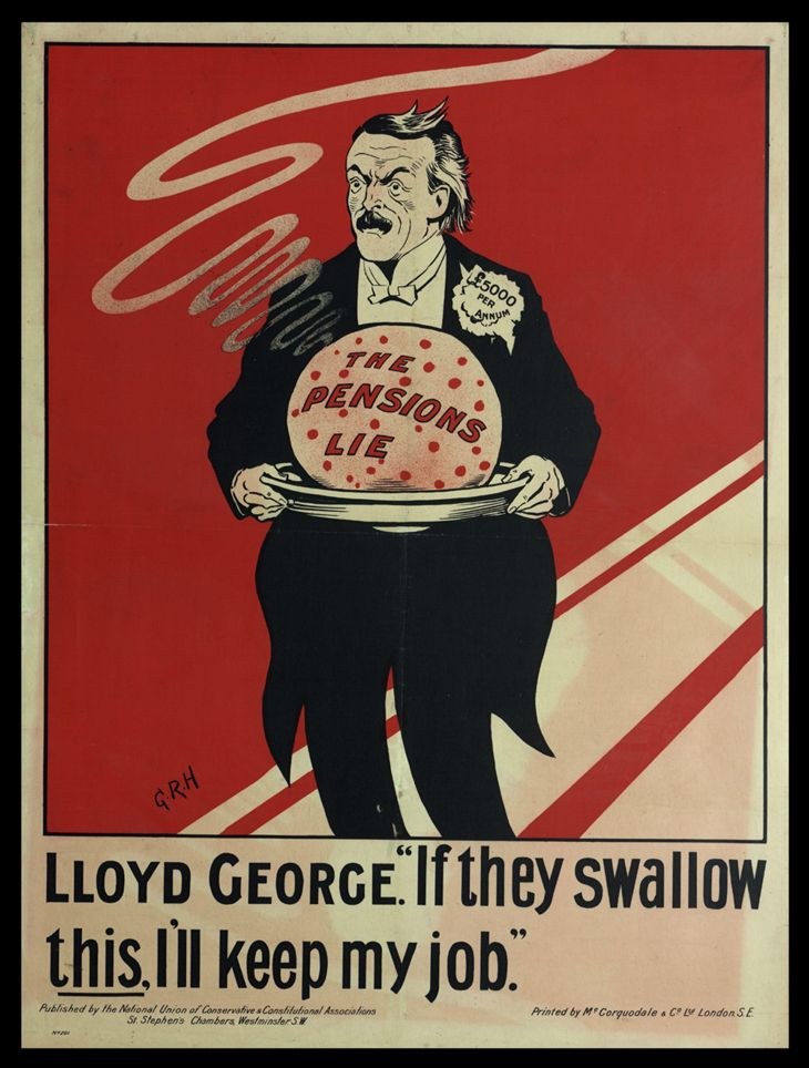 Plakat von Lloyd George mit strenger Miene, das eine Platte mit der Aufschrift "Wenn sie das schlucken, behalte ich meinen Job." hält