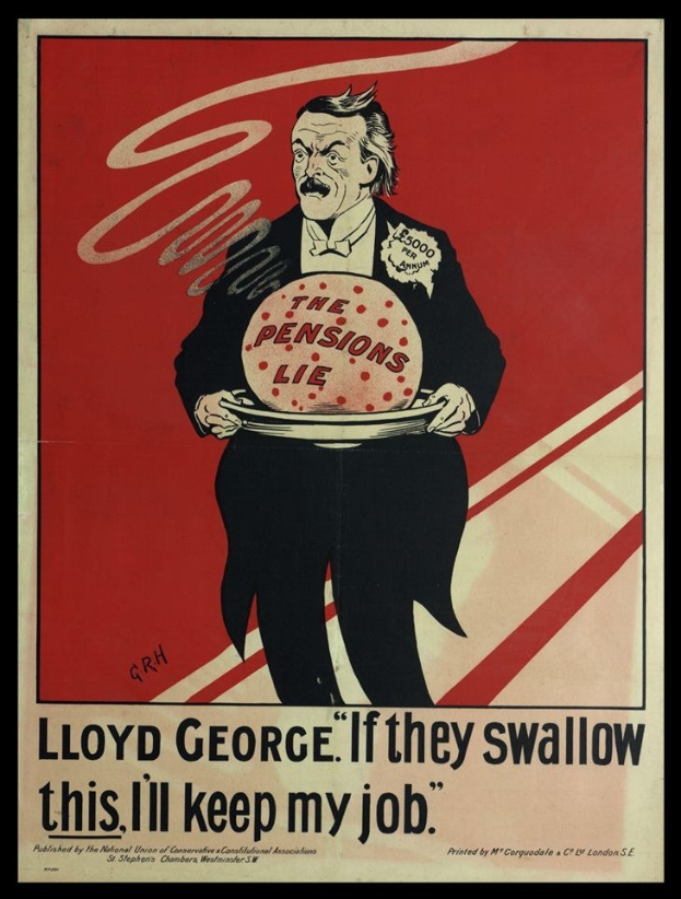 Plakat von Lloyd George mit strenger Miene, das eine Platte mit der Aufschrift "Wenn sie das schlucken, behalte ich meinen Job." hält