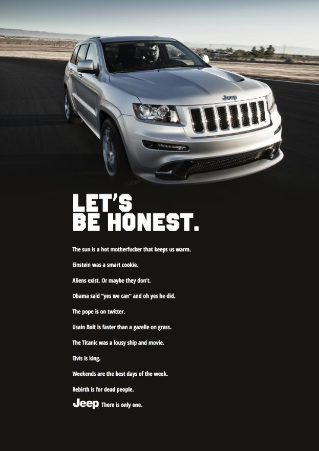 Ein digital bearbeitetes Bild, das ein Auto mit darunter positionierten Textzitaten zeigt.
