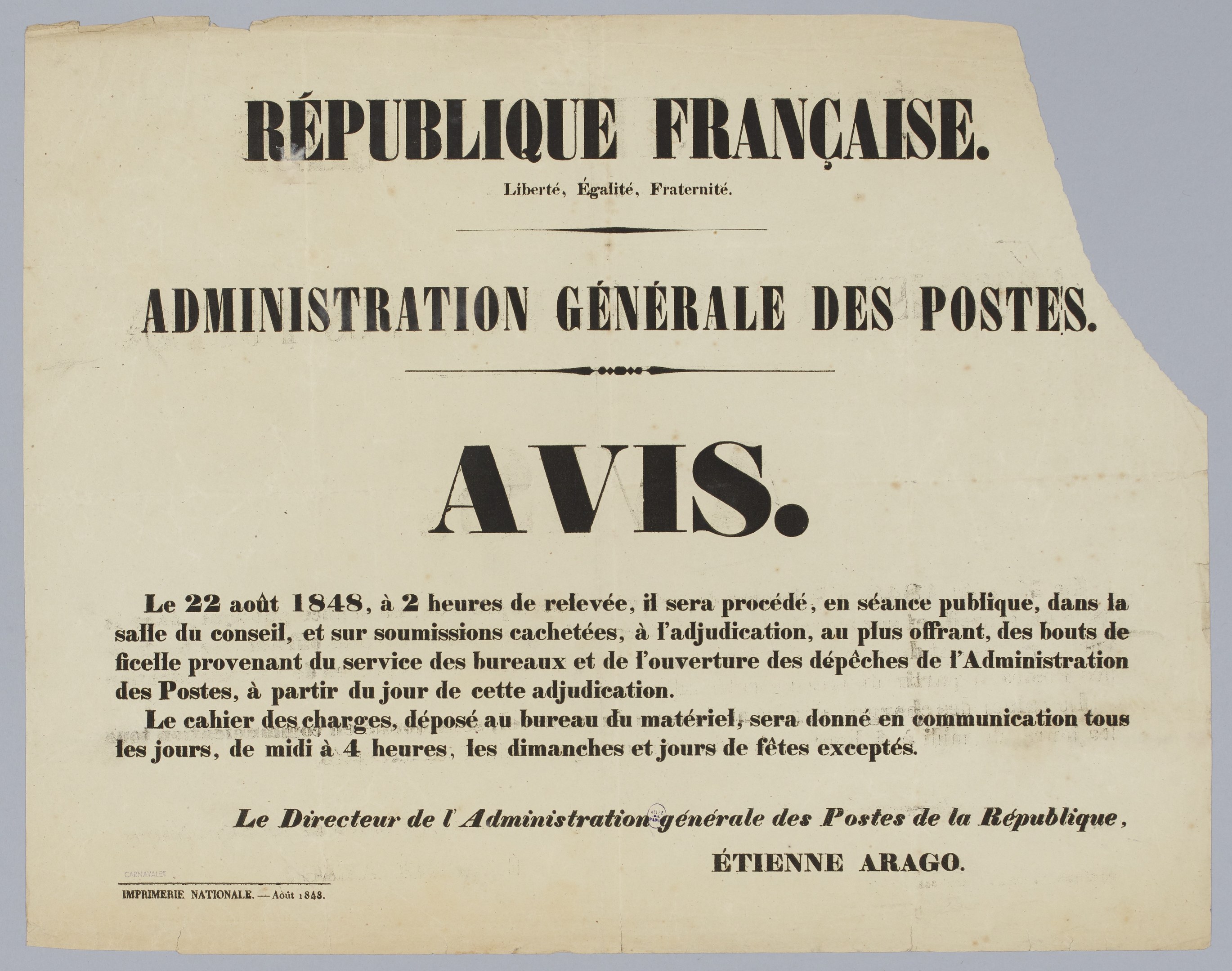 Paper with text "Administration Generale des Postes Avis" indicating a French general post administration advertisement.