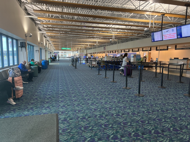 Lange Schlange von Menschen in einem Flughafen-Terminal mit Sitzplätzen, stehenden Passagieren, Wandbildschirmen, Deckenleuchten, Glasfenstern auf der linken Seite und Informationsanzeigen im Hintergrund, die mit "Vereinigte Staaten von Amerika (USDA)" beschriftet sind.
