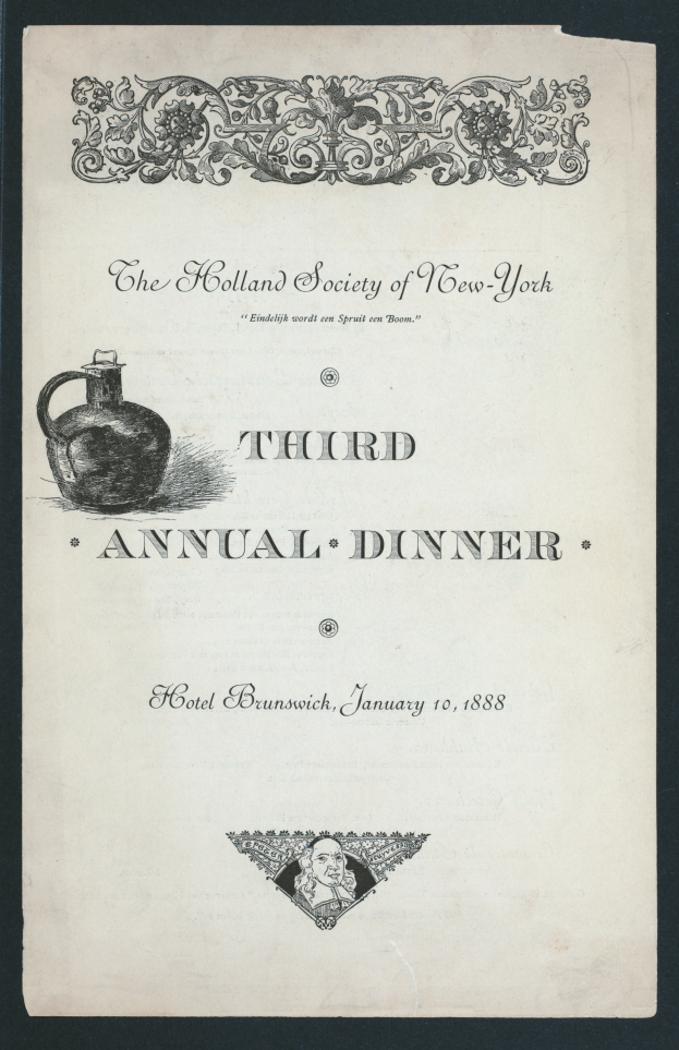 Ein altes Buchcover mit einem ernsten Mann im Anzug und Krawatte, auf dem steht "The Holland Society of New York Third Annual Dinner" und ein Design.
