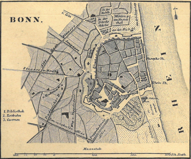 Detailierte alte Karte von Bonn, Deutschland, mit Straöen, Gebäuden und Landmarken mit sichtbarem Text.