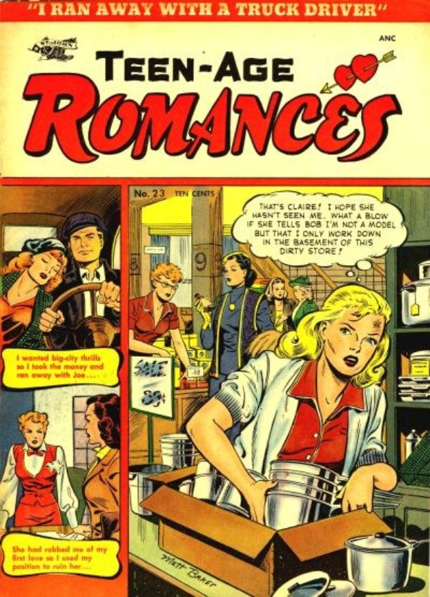 Ein farbenfroher Comicbuchplakat titled "Teen-Age Romances 23-A by DC" zeigt eine Gruppe von Menschen in einer fröhlichen, romantischen Umarmung mit fetten, bunten Text.