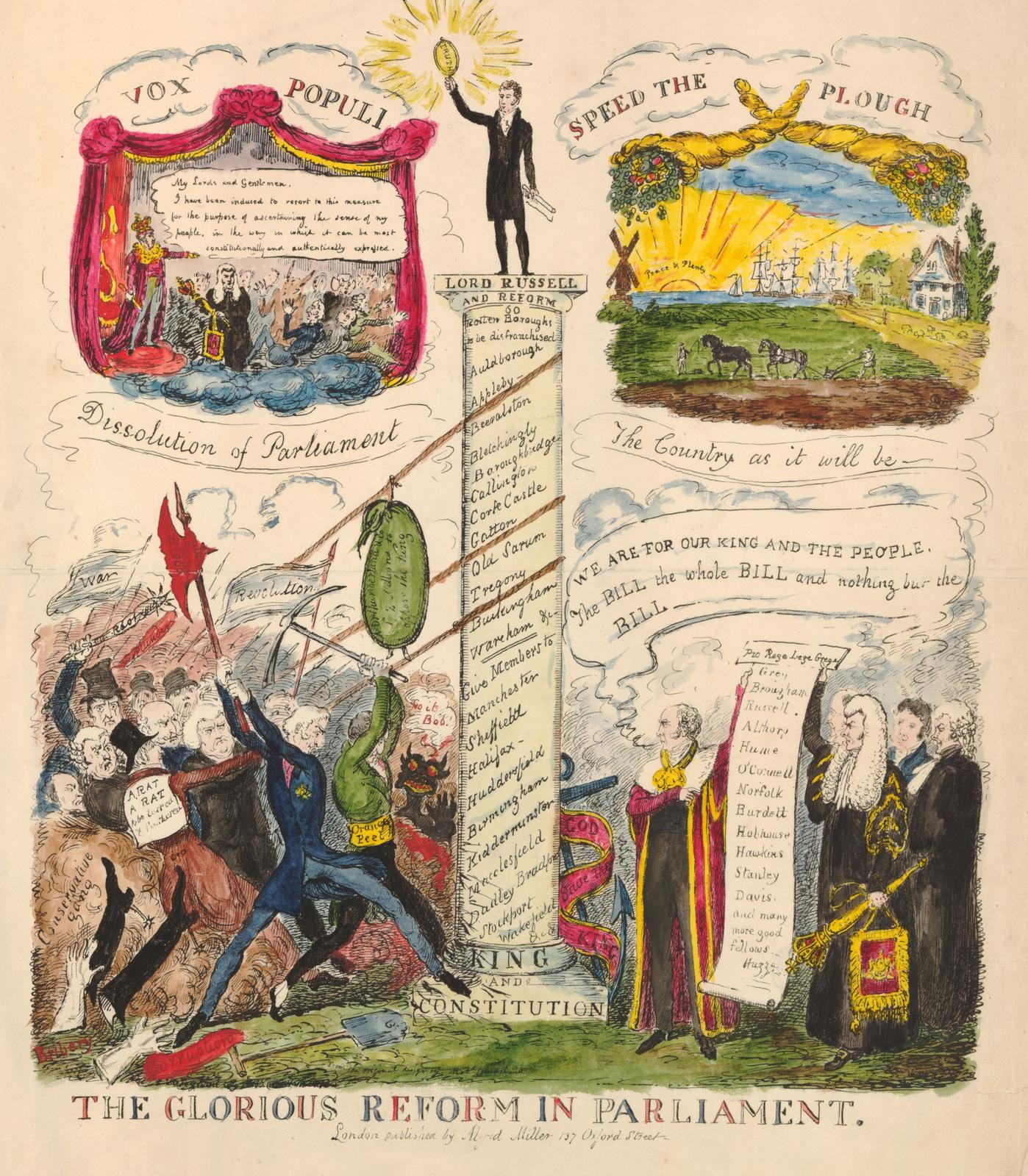 A colorful illustrated document titled "The glorious reform in parliament," featuring bold text and diverse smiling people, symbolizing hope and progress.
