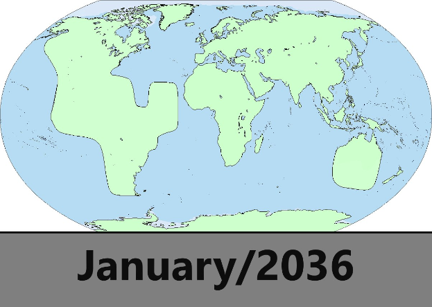 Ein blauer und grüner Globus mit dem Text "Januar 2036" darauf vor einem weißen Hintergrund.