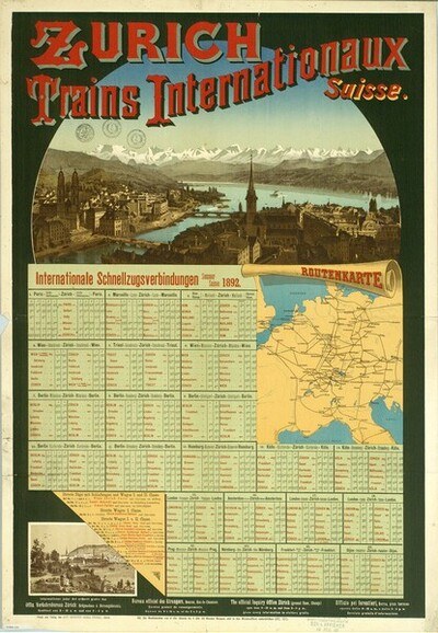 Plakat zur Ankündigung der Zürich Trains Internationalaux mit einer Karte von Zürich, Gebäuden, Wasser, Bergen im Hintergrund und Text.