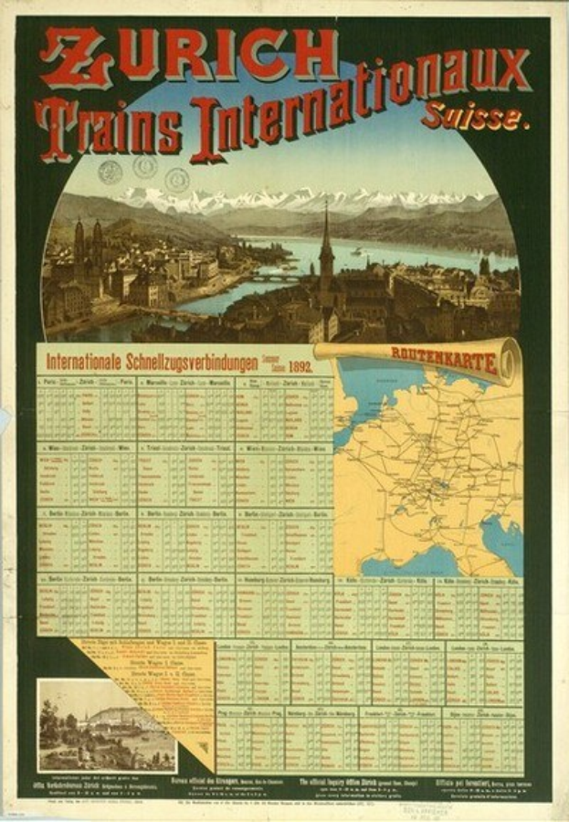 Plakat zur Ankündigung der Zürich Trains Internationalaux mit einer Karte von Zürich, Gebäuden, Wasser, Bergen im Hintergrund und Text.