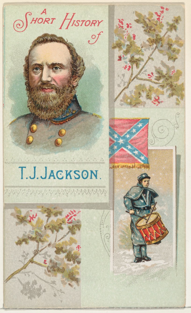 Plakat mit dem Konföderiertengeneral T.J. Jackson mit einem menschlichen Gesicht, umgeben von Bildern von Bäumen, einer Flagge und Text.