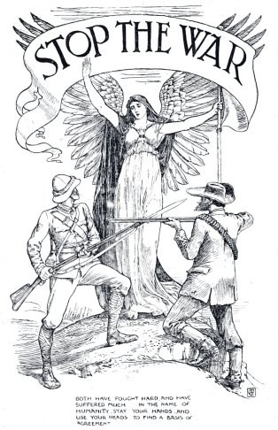 Plakat mit dem Text "Stoppt den Krieg" oben und unten und einer zentralen Zeichnung einer Frau, flankiert von zwei Männern.