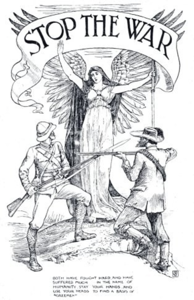 Plakat mit dem Text "Stoppt den Krieg" oben und unten und einer zentralen Zeichnung einer Frau, flankiert von zwei Männern.