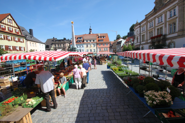Ein belebter Markt im alten Stadtkern von Heidelberg mit Menschen, die gehen, sitzen und stehen, sowie Zelten, Gemüsekörben auf Tischen und Gebäuden mit Fenstern, Bäumen und einem klaren blauen Himmel im Hintergrund.