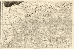 Ein detaillierter alter Plan von Sachsen, Deutschland, der geographische Merkmale wie Flüsse, Berge und Städte zeigt, mit begleitendem Text, der regionale Informationen liefert.