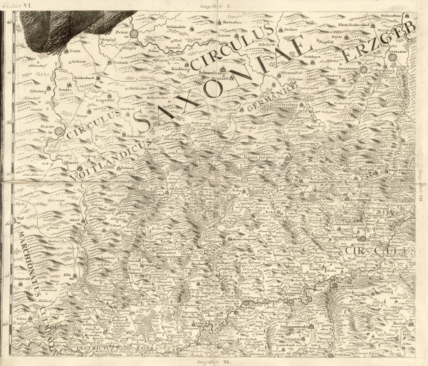 Ein detaillierter alter Plan von Sachsen, Deutschland, der geographische Merkmale wie Flüsse, Berge und Städte zeigt, mit begleitendem Text, der regionale Informationen liefert.